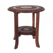 Ahşap Oymalı Pirinç Kakmalı 2 Katlı Sehpa  44x44x47 cm. KNA599-1