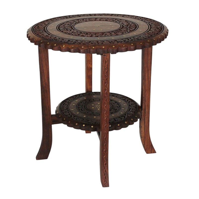 Ahşap Oymalı Pirinç Kakmalı 2 Katlı Sehpa  44x44x47 cm. KNA599-1