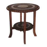 Ahşap Oymalı Pirinç Kakmalı 2 Katlı Sehpa  44x44x47 cm. KNA599-1