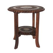 Ahşap Oymalı Pirinç Kakmalı 2 Katlı Sehpa  44x44x47 cm. KNA599-1