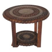 Ahşap Oymalı Pirinç Kakmalı 2 Katlı Sehpa  44x44x47 cm. KNA599-1