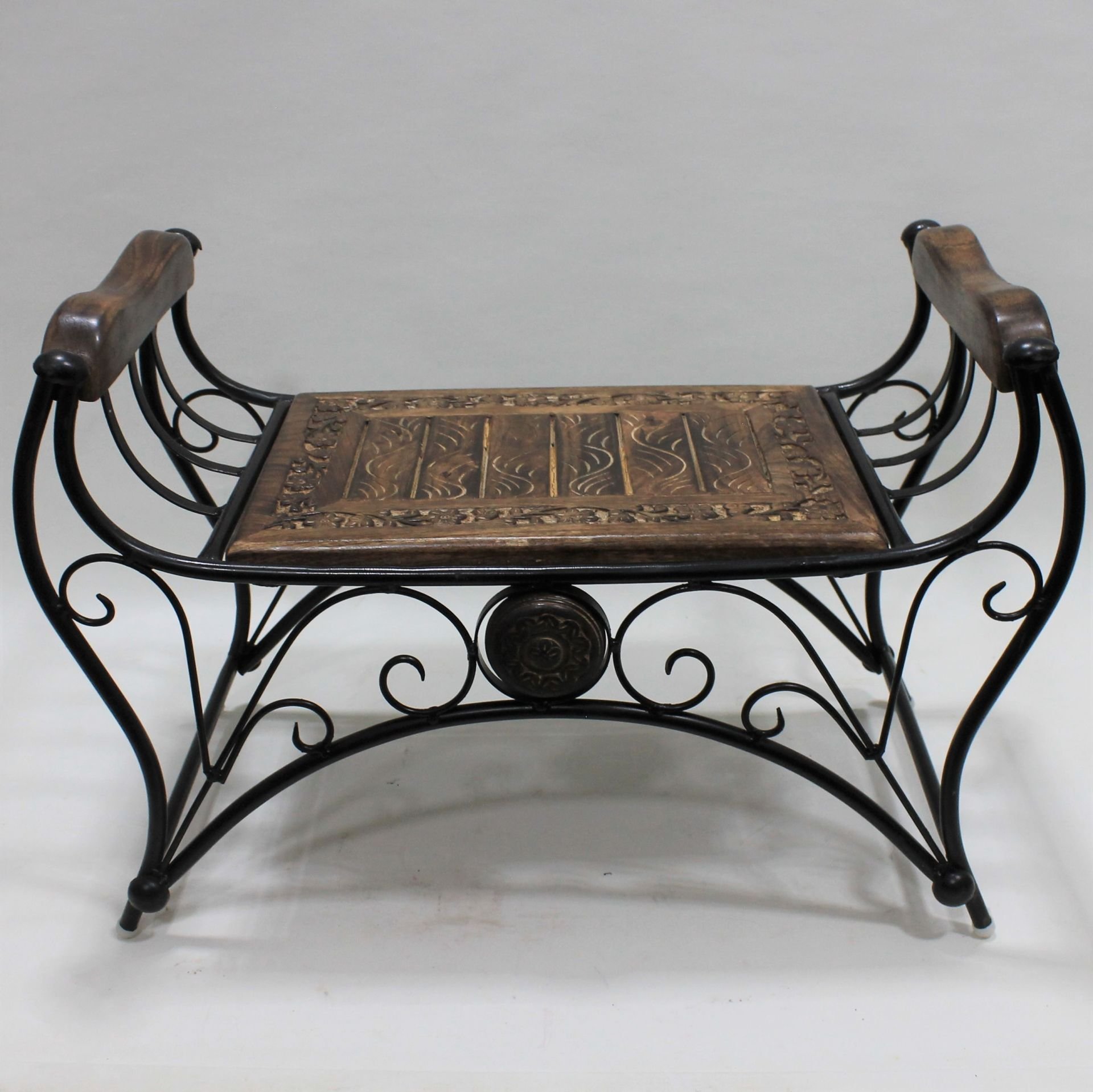 Eskitme Ahşap Ferforje Puf Tabure 64x31x43 cm. KNA250