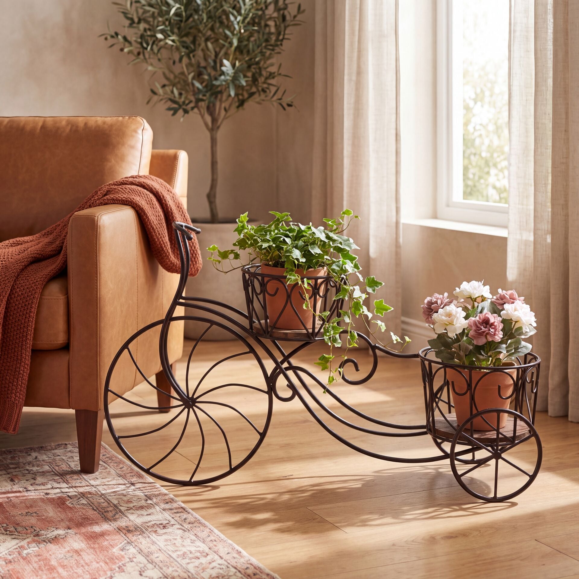 Eskitme Ahşap Ferforje Bisiklet Çiçeklik  Saksılık 81x23x45 cm.