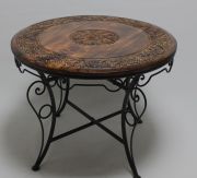 Eskitme Ahşap Ferforje Oymalı Yuvarlak Sehpa 75x75x59 cm.