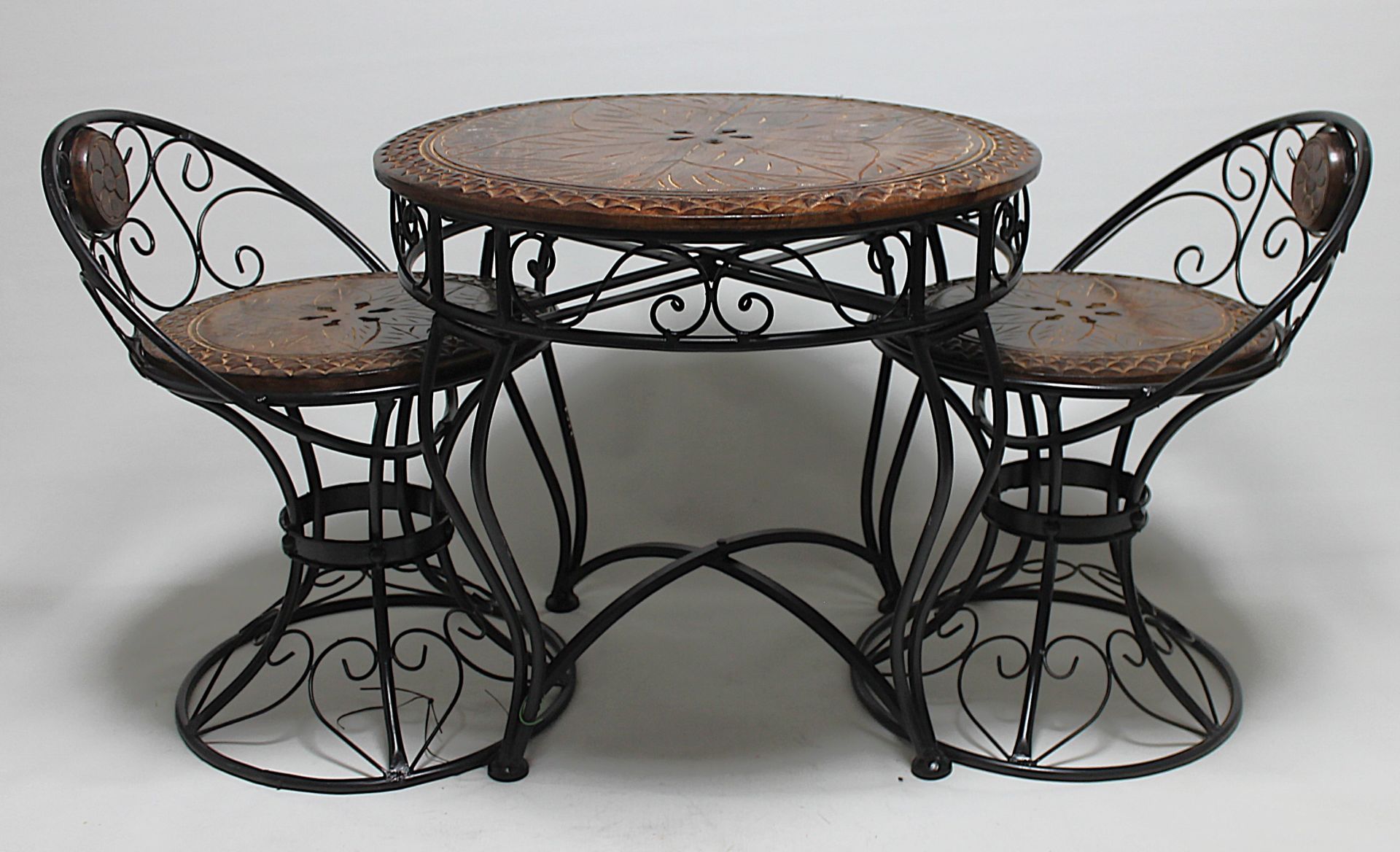 Eskitme Ahşap Ferforje Yuvarlak 60 cm. Sehpa Takımı Büyük Tabureli