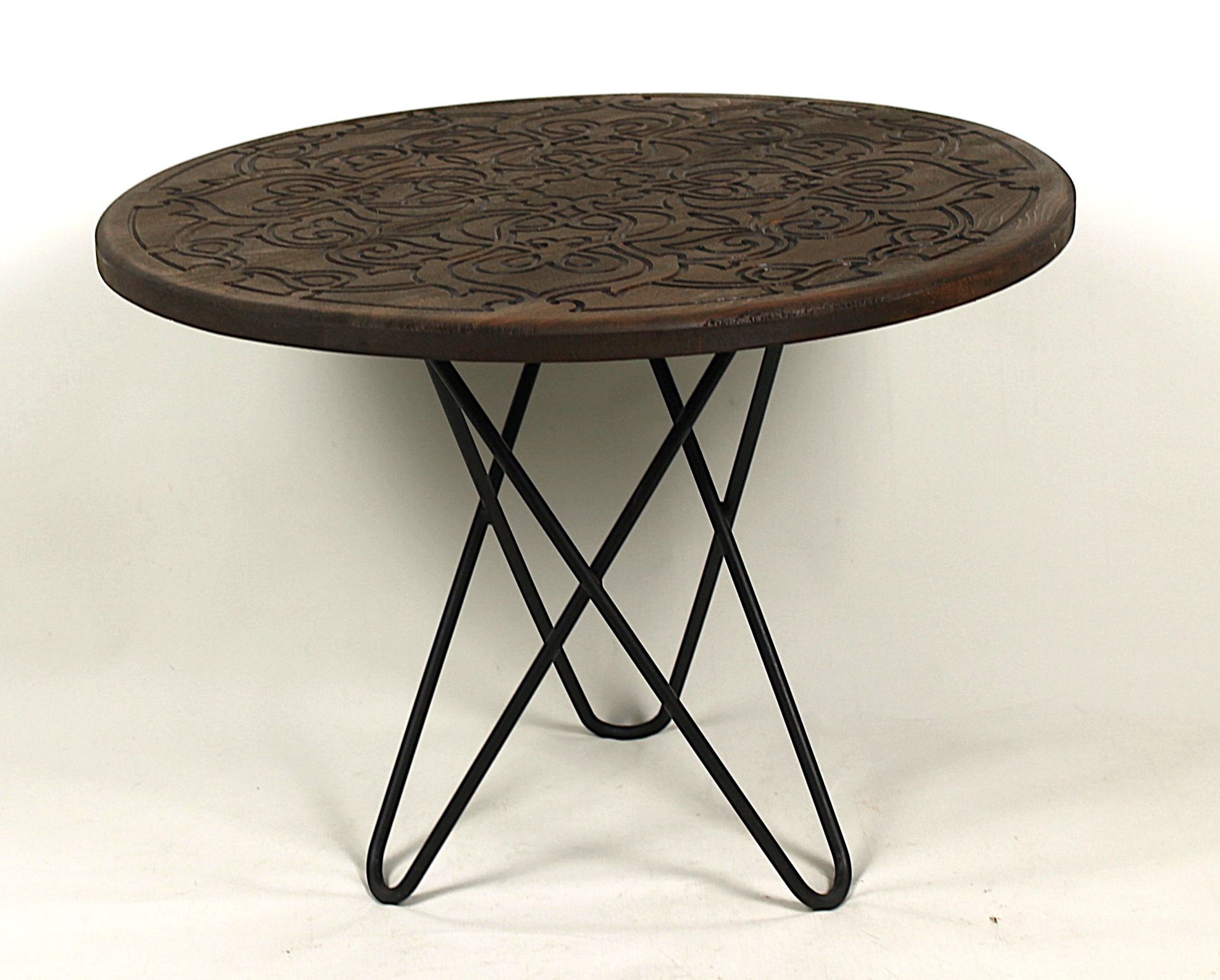 Eskitme Ahşap  Oymalı Yuvarlak  Sehpa 50x50x43 cm.Renk Klasik Ceviz