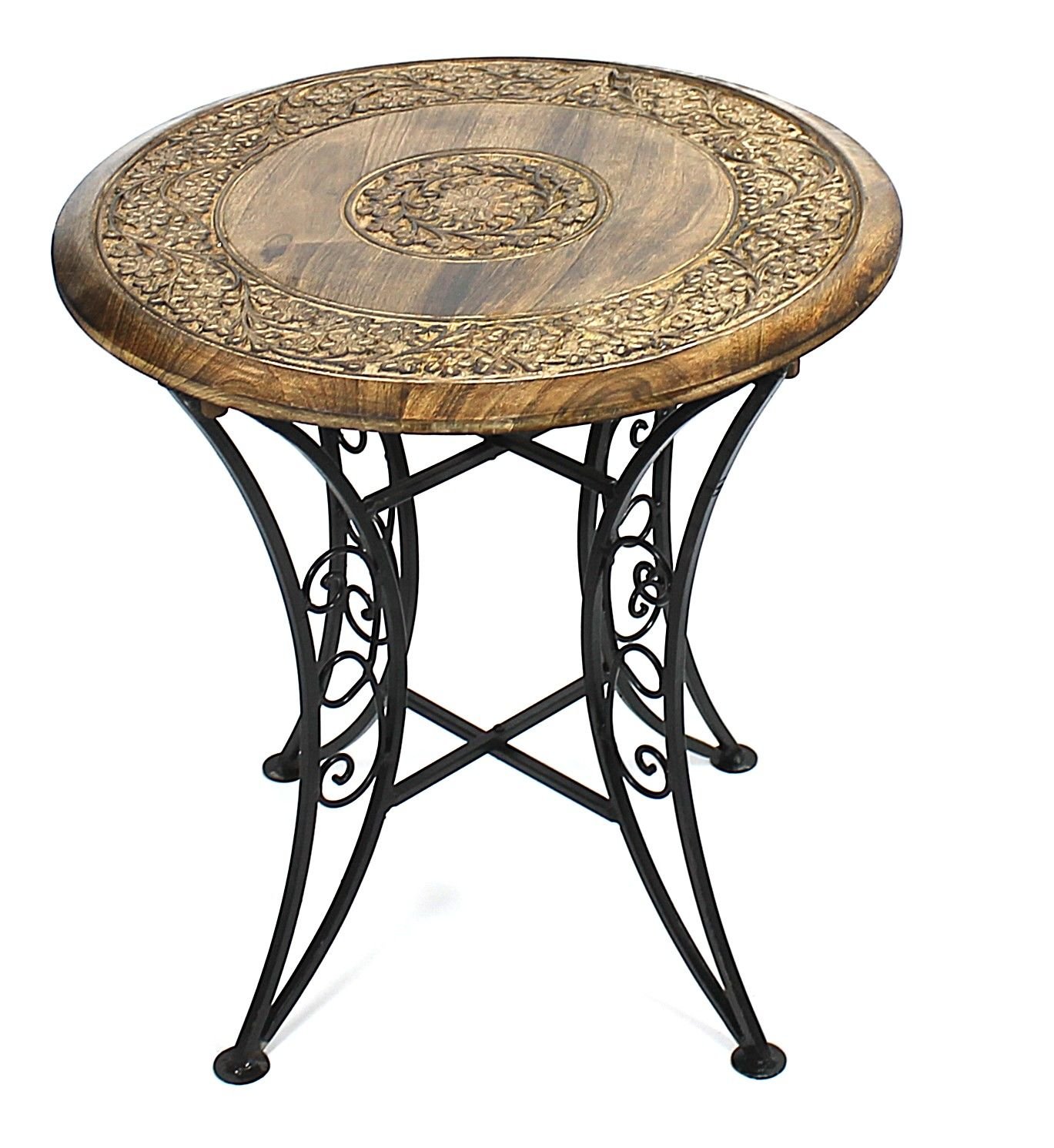 Eskitme Ahşap Ferforje Yuvarlak  Sehpa 53x53x55 cm.