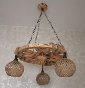 Otantik Çarşı Ahşap Teker Avize 60  cm. 3 Duylu Hasır Şapkalı