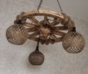 Otantik Çarşı Ahşap Teker Avize 60  cm. 3 Duylu Hasır Şapkalı