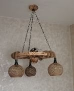 Otantik Çarşı Ahşap Teker Avize 60  cm. 3 Duylu Hasır Şapkalı