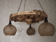 Otantik Çarşı Ahşap Teker Avize 60  cm. 3 Duylu Hasır Şapkalı