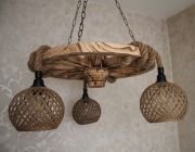 Otantik Çarşı Ahşap Teker Avize 60  cm. 3 Duylu Hasır Şapkalı