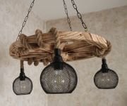 Otantik Çarşı Ahşap Teker Halat Avize 60  cm. 3 Duylu Metal Başlıklı