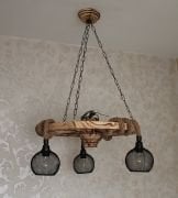 Otantik Çarşı Ahşap Teker Halat Avize 60  cm. 3 Duylu Metal Başlıklı