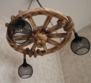 Otantik Çarşı Ahşap Teker Halat Avize 60  cm. 3 Duylu Metal Başlıklı