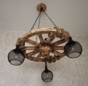 Otantik Çarşı Ahşap Teker Halat Avize 60  cm. 3 Duylu Metal Başlıklı