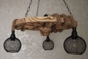 Otantik Çarşı Ahşap Teker Halat Avize 60  cm. 3 Duylu Metal Başlıklı
