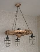 Otantik Çarşı Ahşap Teker Halat Avize 60  cm. 3 Duylu Metal Başlıklı