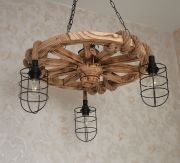 Otantik Çarşı Ahşap Teker Halat Avize 60  cm. 3 Duylu Metal Başlıklı