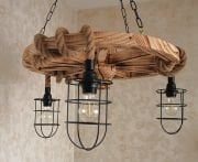 Otantik Çarşı Ahşap Teker Halat Avize 60  cm. 3 Duylu Metal Başlıklı