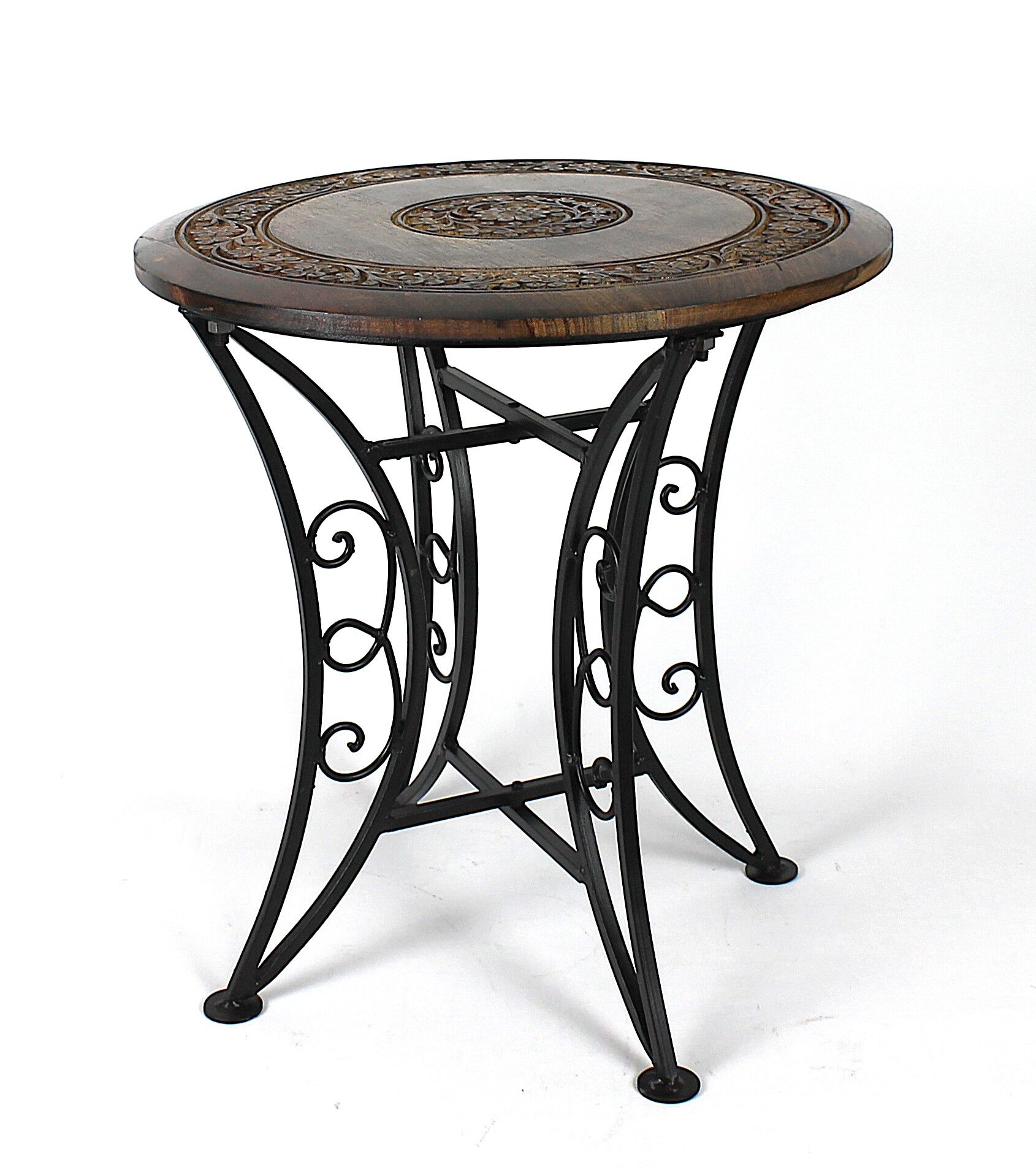 Eskitme Ahşap Ferforje Yuvarlak  Sehpa 45x45x47 cm.