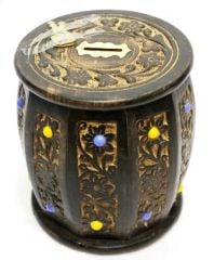 Eskitme Ahşap Kilitli Fıçı Kumbara Büyük Boy