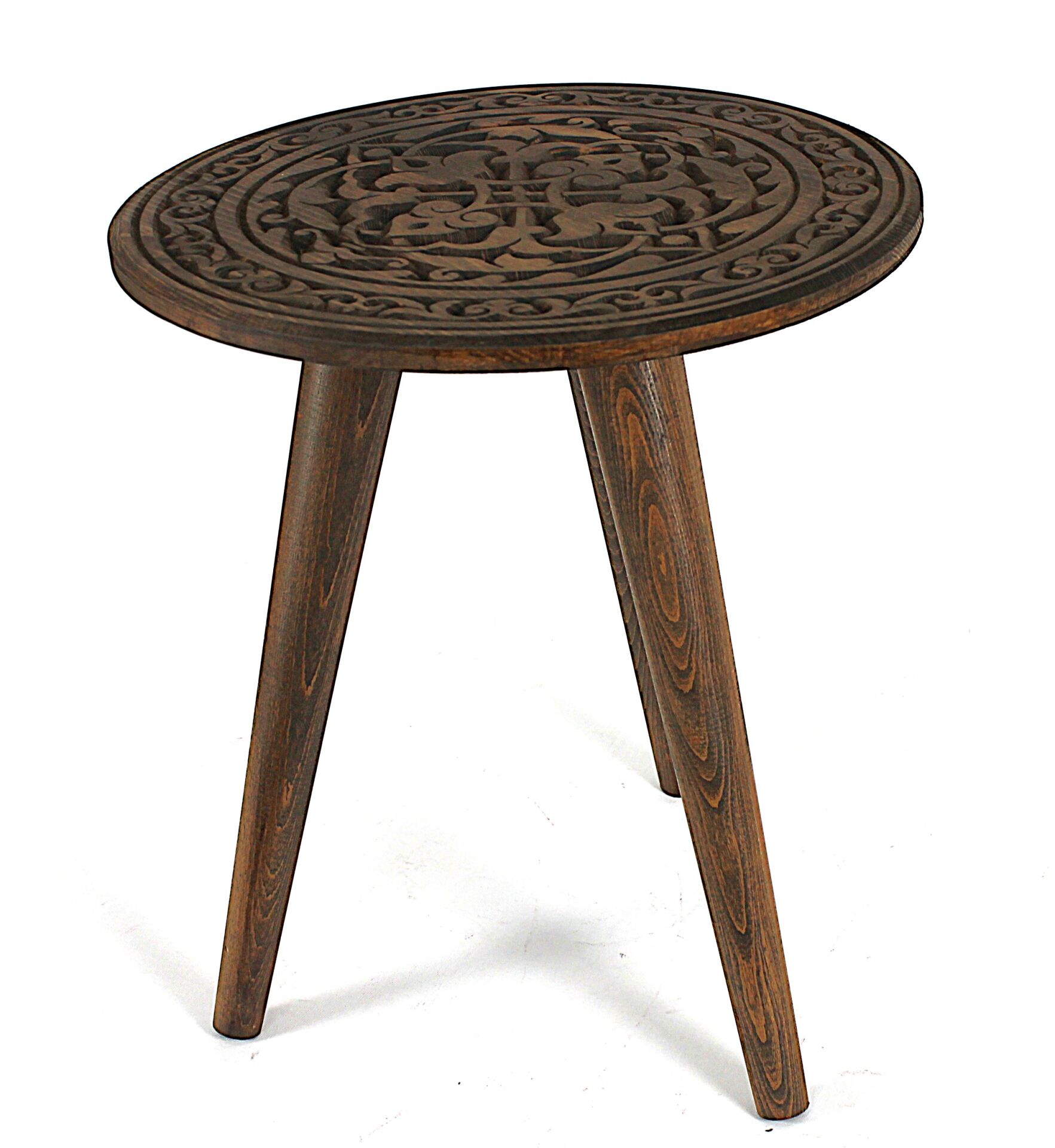 Ahşap Oymalı Yuvarlak Sehpa 37x37x*40 cm.Ceviz Rengi