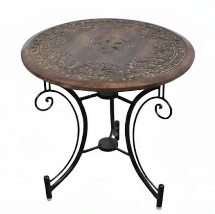 Eskitme Ahşap Ferforje Oymalı Yuvarlak  Sehpa 60x60x59 cm.