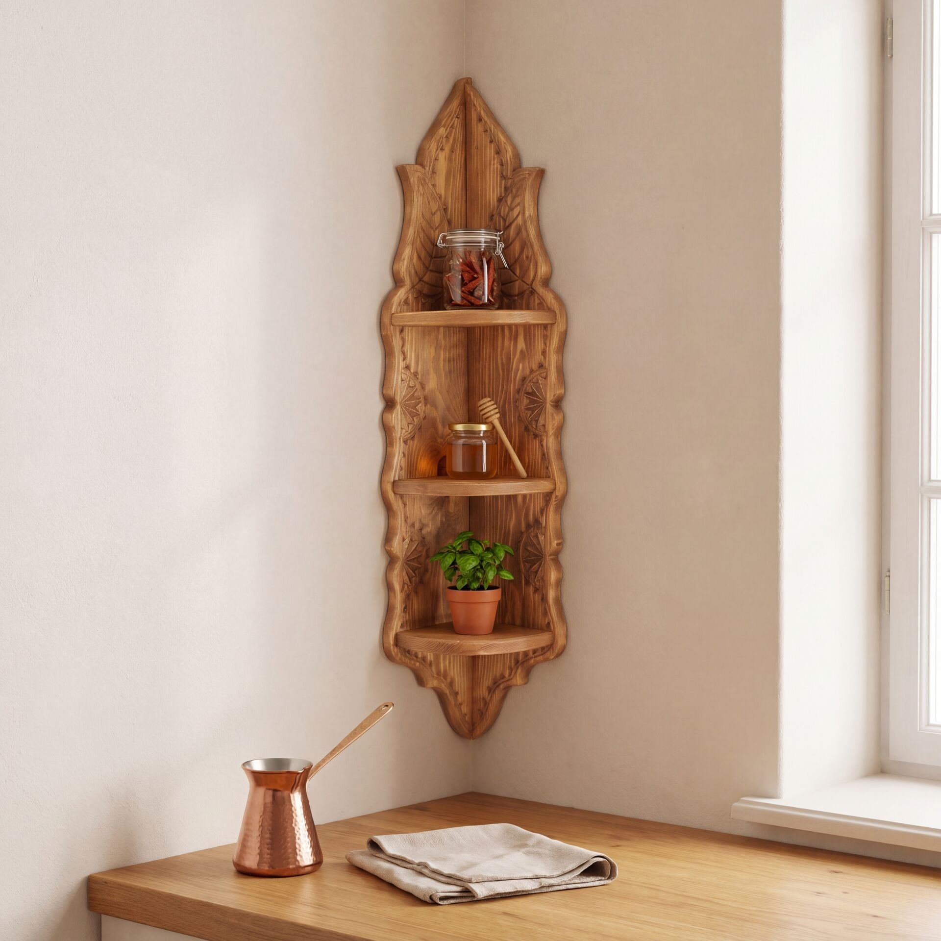 Otantik Çarşı Ahşap El Oyması Köşe Raf 85x15x15 cm.