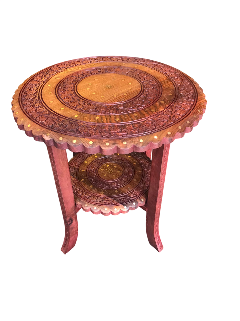 Ahşap Oymalı Pirinç Kakmalı 2 Katlı Sehpa  44x44x47 cm.