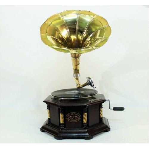 Sekizgen Gramofon Sarı Metal Süslemeli Düz Borulu