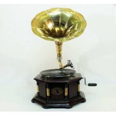 Sekizgen Gramofon Sarı Metal Süslemeli Düz Borulu