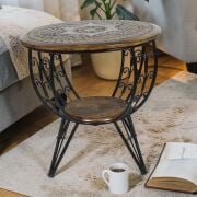 Eskitme Ahşap Ferforje Oymalı Yuvarlak Sehpa