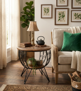 Eskitme Ahşap Ferforje Oymalı Yuvarlak Sehpa 60x60x59 cm. KNA586