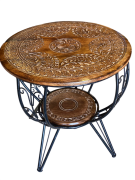 Eskitme Ahşap Ferforje Oymalı Yuvarlak Sehpa