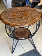 Eskitme Ahşap Ferforje Oymalı Yuvarlak Sehpa