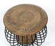 Eskitme Ahşap Ferforje Oymalı Yuvarlak Sehpa 57x57x47 cm. KNA586
